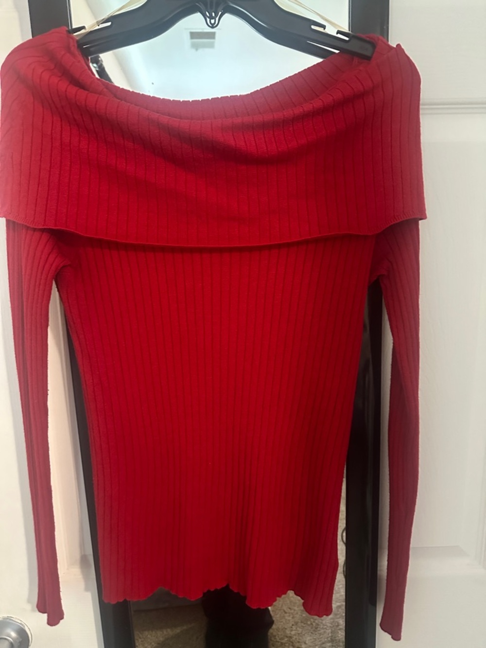 Iz Byer Red Ribbed Off-the-Shoulder Sweater
